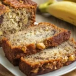 Delicious slices of moist banana bread with walnuts and ripe bananas on a wooden surface.