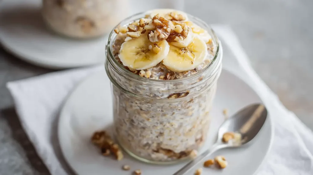 Banana bread overnight oats topped with banana slices, chopped walnuts, and honey in a glass jar.