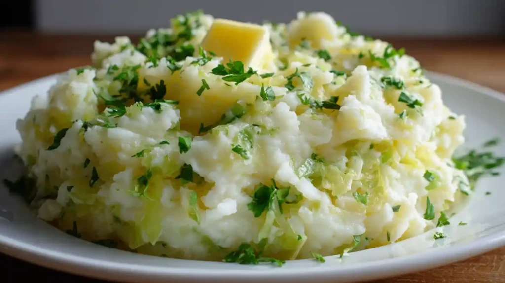Colcannon recipe with creamy mashed potatoes, cabbage, butter, and fresh parsley on top.