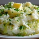 Colcannon recipe with creamy mashed potatoes, cabbage, butter, and fresh parsley on top.