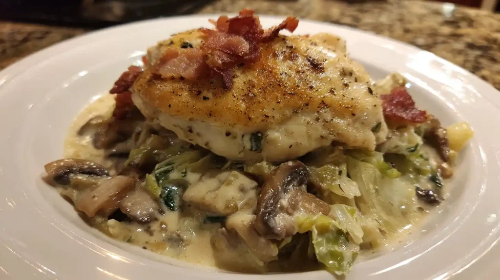 Creamy chicken cabbage & mushroom casserole topped with crispy bacon and served with sautéed mushrooms.