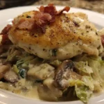Creamy chicken cabbage & mushroom casserole topped with crispy bacon and served with sautéed mushrooms.