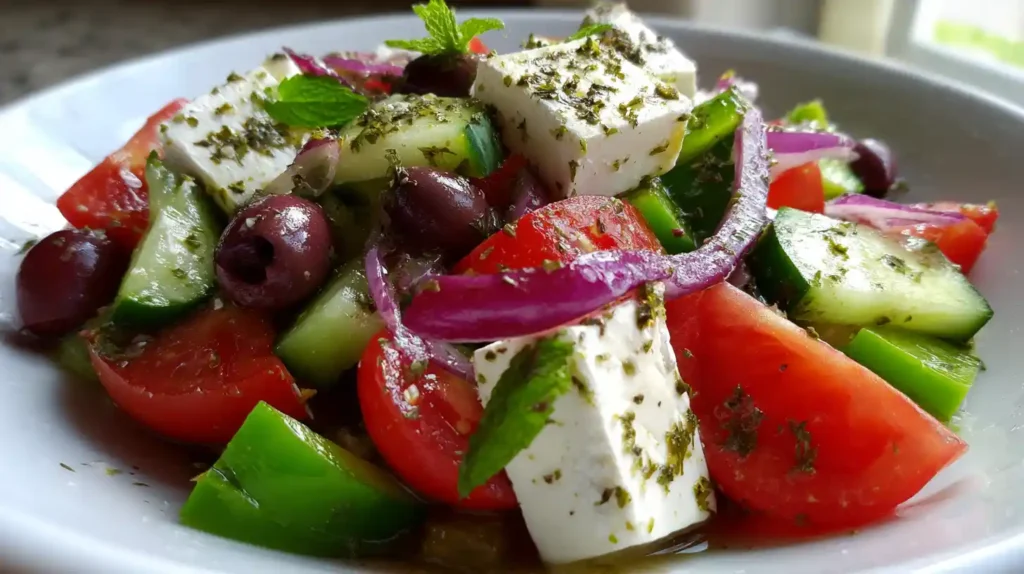 Greek salad recipe with tomatoes, cucumbers, red onion, olives, and feta cheese in a bowl.