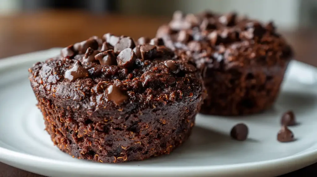 High-Protein Chocolate-Quinoa Muffins topped with chocolate chips on a white plate.