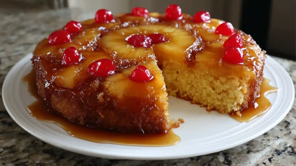 Pineapple upside down cake recipe with caramelized pineapple rings and maraschino cherries on top.