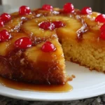 Pineapple upside down cake recipe with caramelized pineapple rings and maraschino cherries on top.