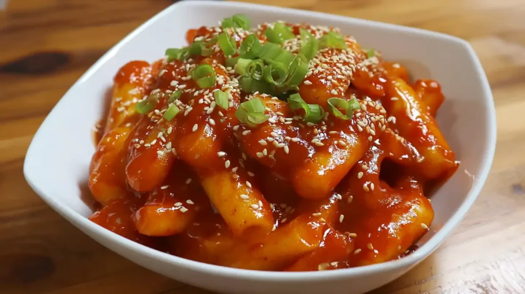 Tteokbokki recipe with spicy Korean rice cakes coated in gochujang sauce and topped with sesame seeds and green onions.
