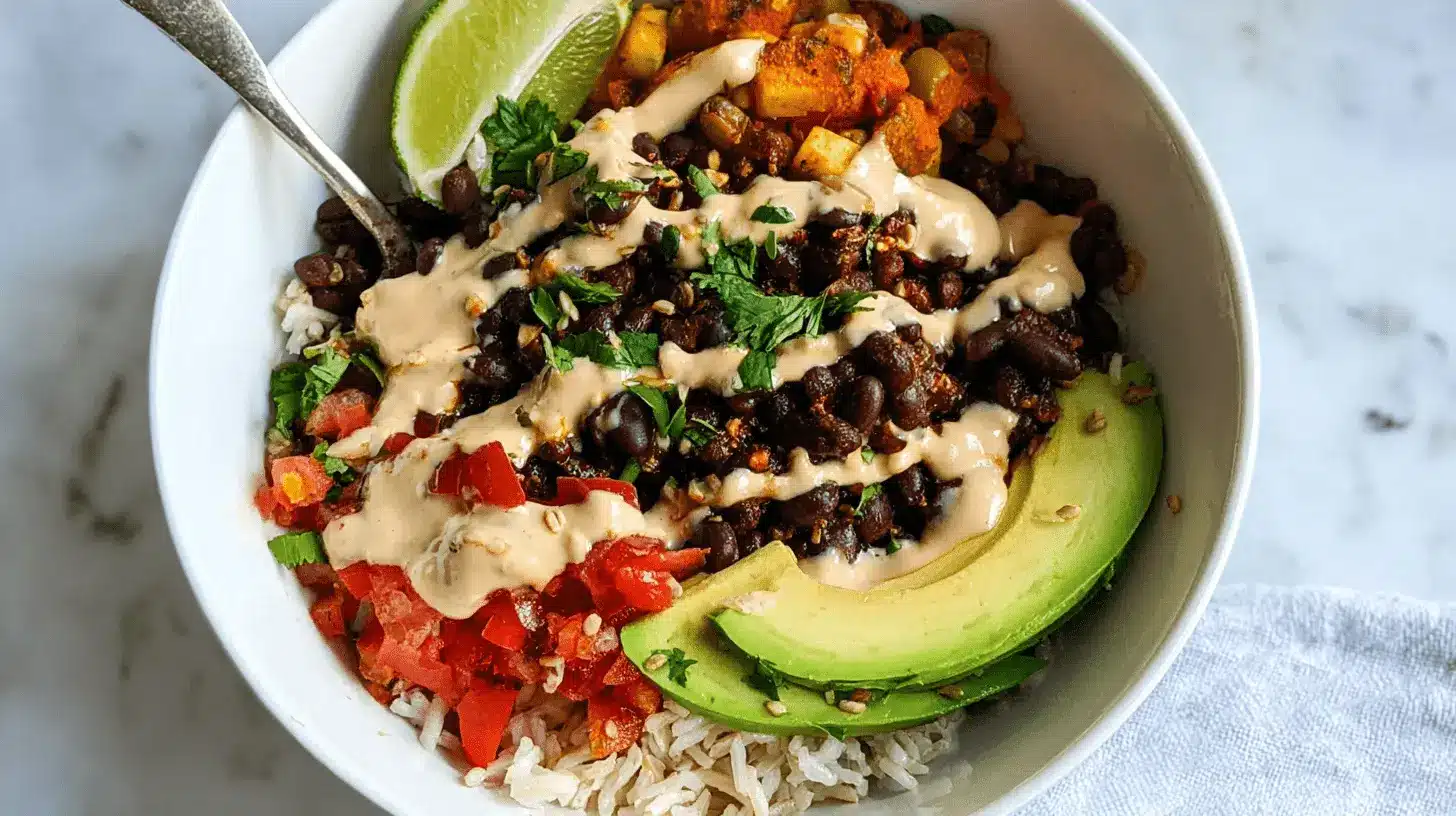 Vibrant Black Bean and Rice Bowl with avocado, roasted vegetables, and fresh cilantro.