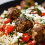 Appetizing close-up of Greek Turkey Meatballs with Lemon Herb Rice, topped with feta, tomatoes, and fresh herbs in a dark bowl.