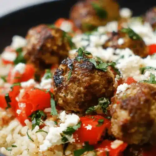 Greek Turkey Meatballs with Lemon Herb Rice (One-Pan Skillet Meal) 2 Appetizing close-up of Greek Turkey Meatballs with Lemon Herb Rice, topped with feta, tomatoes, and fresh herbs in a dark bowl.