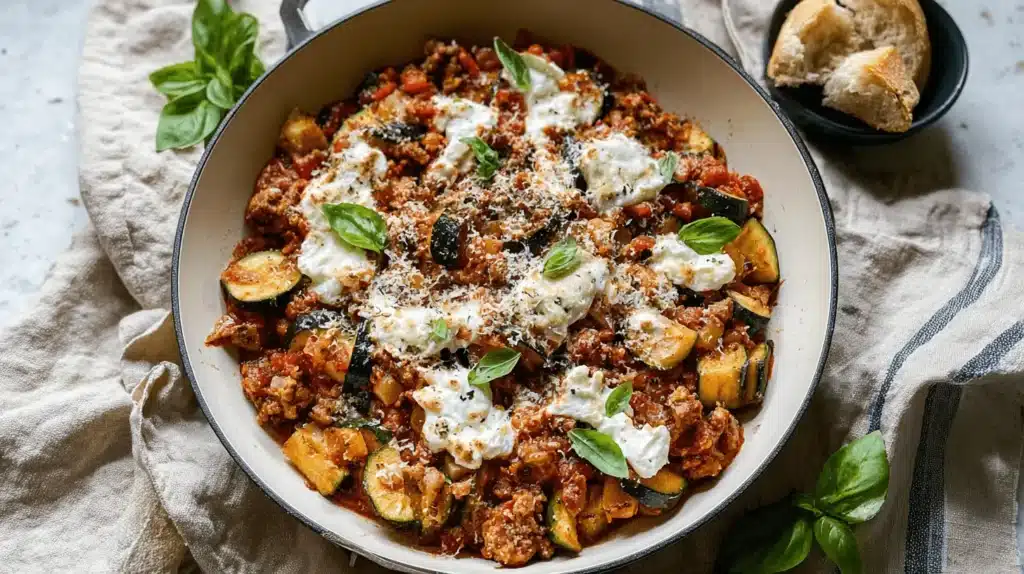 Vibrant Ground Turkey and Zucchini Skillet with melted cheese, fresh basil, and crusty bread, served in a cast iron pan.