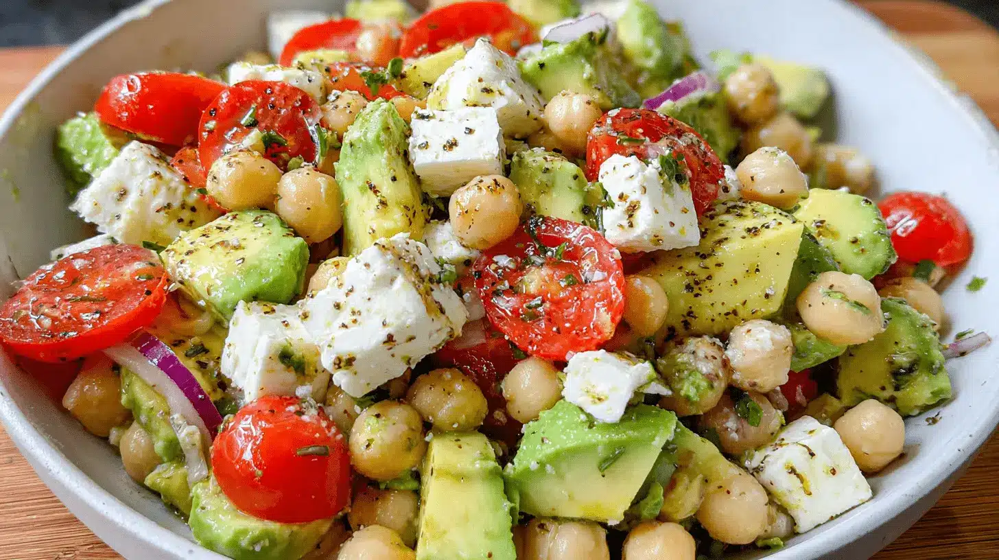 Vibrant close-up of Healthy Chickpea Feta Avocado Salad in a rustic bowl, featuring fresh avocado, chickpeas, tomatoes, and crumbled feta cheese.