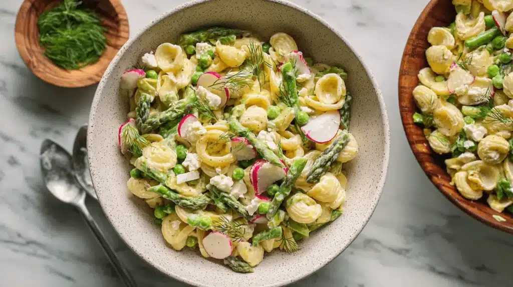 A vibrant Lemon-Dijon Asparagus Macaroni Salad in a ceramic bowl, garnished with fresh dill on a marble surface.