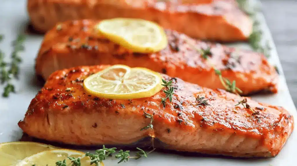 Close-up of three perfectly cooked baked salmon fillets, garnished with fresh lemon slices and thyme, a delightful baked salmon recipe.