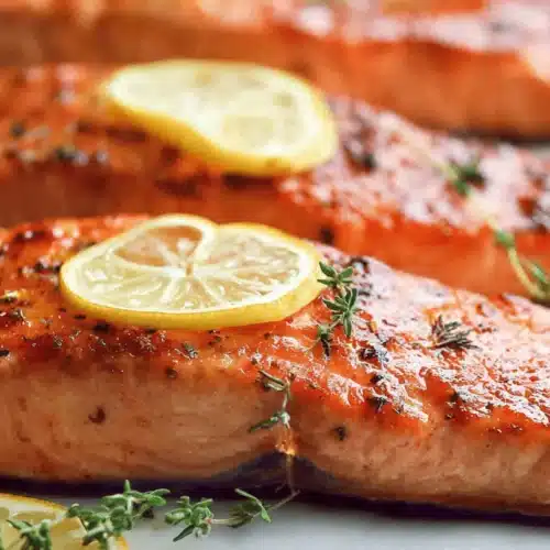 Close-up of three perfectly cooked baked salmon fillets, garnished with fresh lemon slices and thyme, a delightful baked salmon recipe.