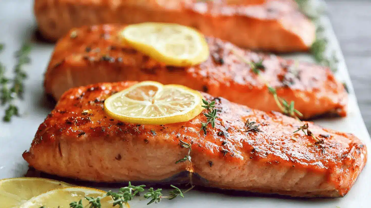 Close-up of three perfectly cooked baked salmon fillets, garnished with fresh lemon slices and thyme, a delightful baked salmon recipe.