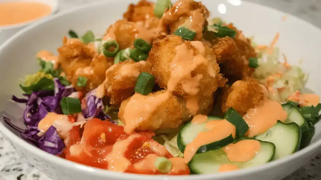 Close-up of a vibrant bang bang chicken bowl with crispy chicken, creamy sauce, and fresh vegetables.