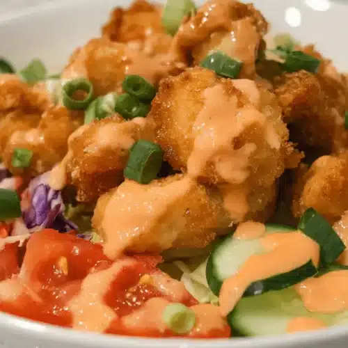 Close-up of a vibrant bang bang chicken bowl with crispy chicken, creamy sauce, and fresh vegetables.
