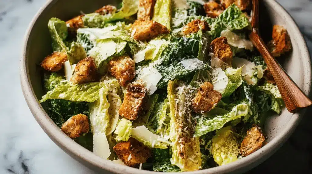 Vibrant Caesar salad with crisp romaine, golden croutons, and Parmesan in a rustic bowl.