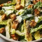 Vibrant Caesar salad with crisp romaine, golden croutons, and Parmesan in a rustic bowl.
