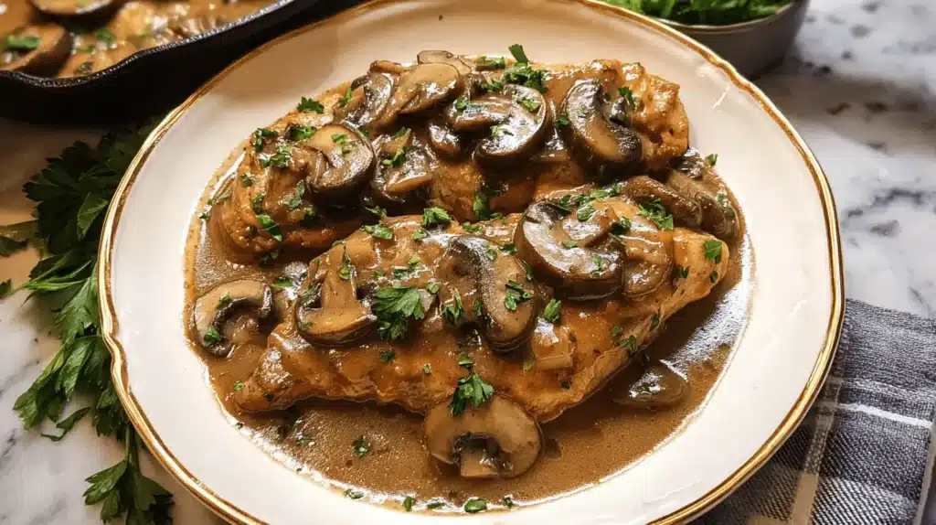 Two generous portions of chicken marsala with mushrooms and fresh parsley on an elegant plate.