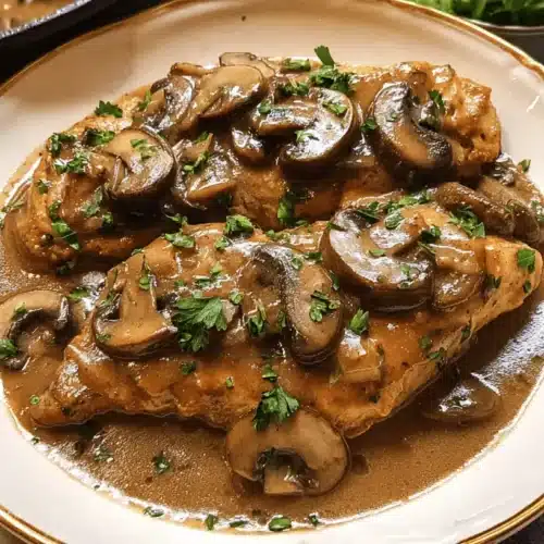 Two generous portions of chicken marsala with mushrooms and fresh parsley on an elegant plate.