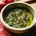 Vibrant green chimichurri recipe in a rustic ceramic bowl on a wooden surface with a red woven cloth.