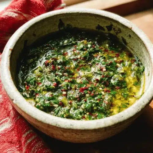 Vibrant green chimichurri recipe in a rustic ceramic bowl on a wooden surface with a red woven cloth.