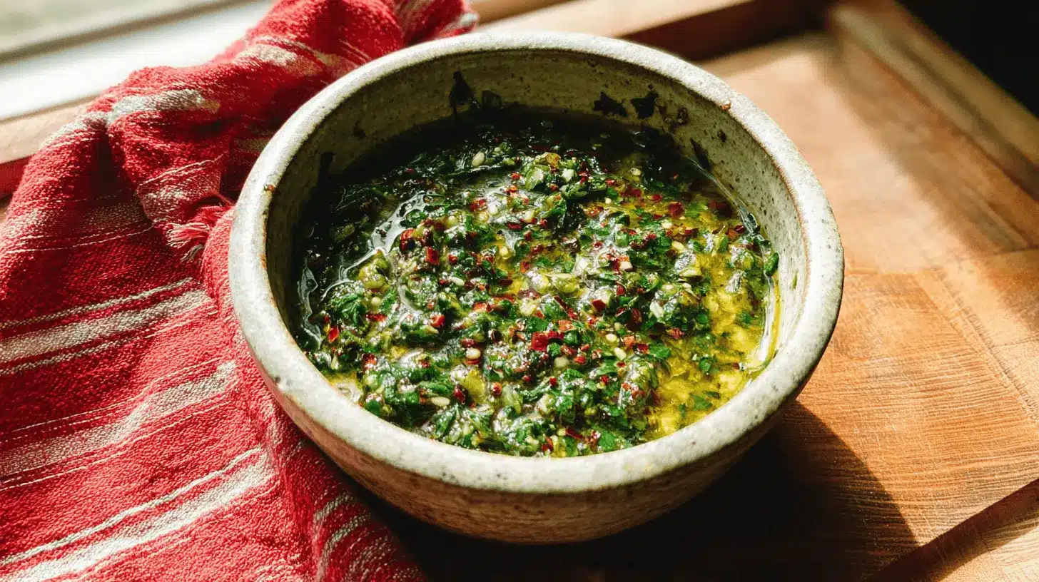 Vibrant green chimichurri recipe in a rustic ceramic bowl on a wooden surface with a red woven cloth.