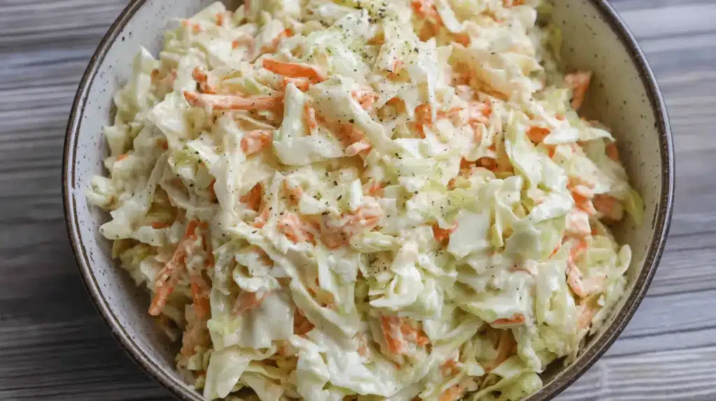 Close-up of a bowl of freshly prepared, creamy coleslaw with shredded cabbage and carrots, highlighting a delicious coleslaw recipe.