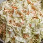 Close-up of a bowl of freshly prepared, creamy coleslaw with shredded cabbage and carrots, highlighting a delicious coleslaw recipe.