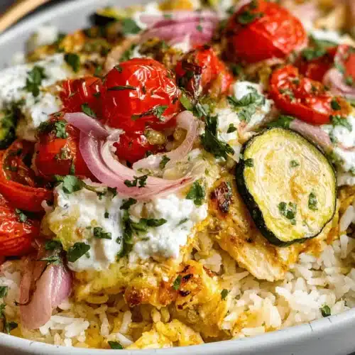 A vibrant bowl of dump and bake chicken tzatziki with rice, featuring roasted tomatoes, zucchini, red onion, and fresh herbs.