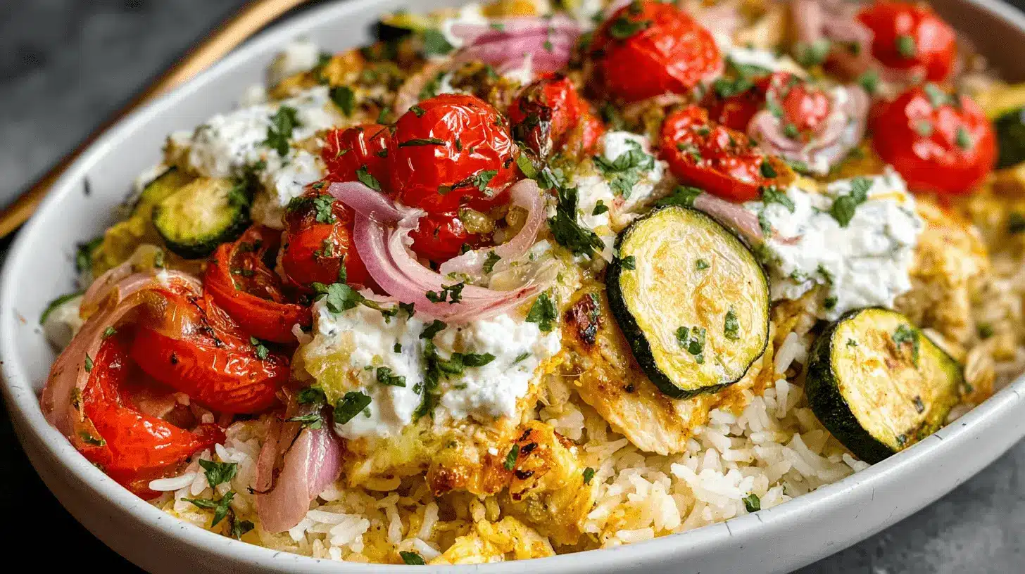 A vibrant bowl of dump and bake chicken tzatziki with rice, featuring roasted tomatoes, zucchini, red onion, and fresh herbs.