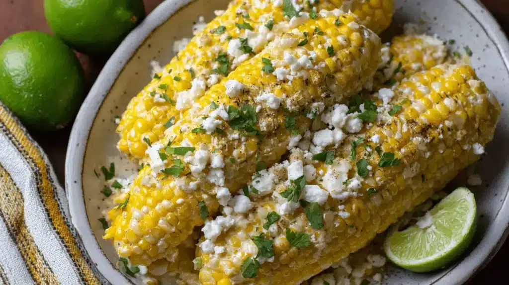 Appetizing elote recipe featuring grilled corn on the cob with cotija cheese, chili powder, and fresh lime.