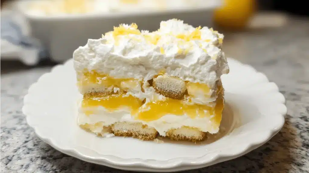 A delicious slice of layered lemon tiramisu recipe, with creamy white layers, vibrant yellow lemon curd, and ladyfingers, garnished with lemon zest on a white scalloped plate.