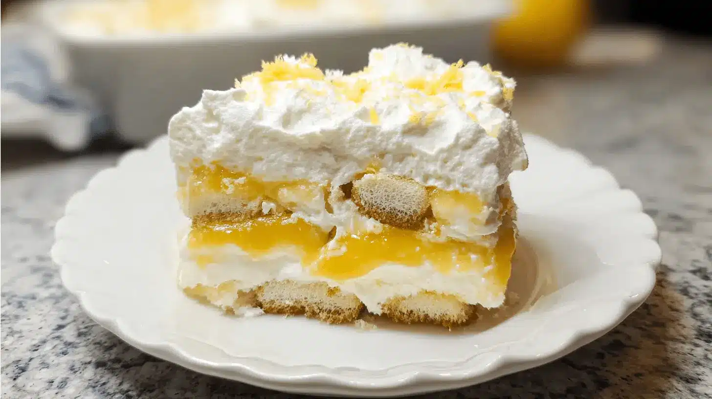 A delicious slice of layered lemon tiramisu recipe, with creamy white layers, vibrant yellow lemon curd, and ladyfingers, garnished with lemon zest on a white scalloped plate.