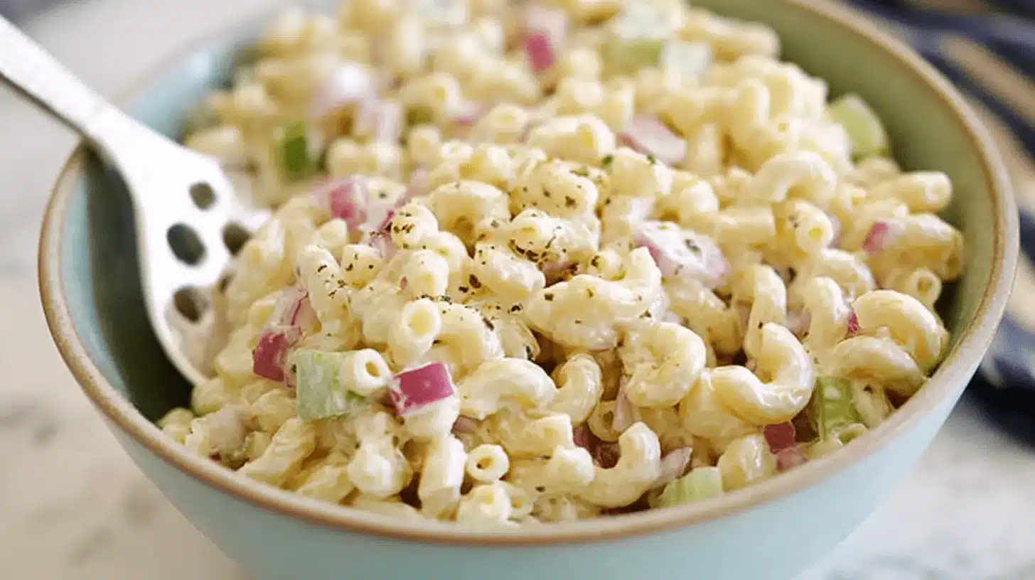 Creamy macaroni salad recipe served in a rustic bowl with red onions, celery, and black pepper.