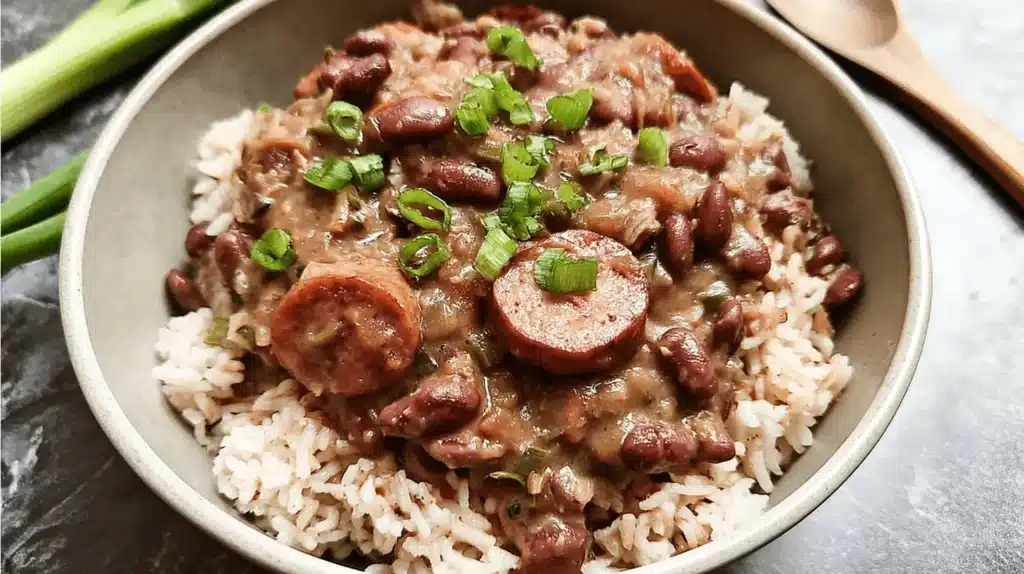Overhead close-up of a hearty red beans and rice recipe with smoked sausage, garnished with fresh green onions in a rustic bowl.