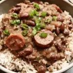 Overhead close-up of a hearty red beans and rice recipe with smoked sausage, garnished with fresh green onions in a rustic bowl.