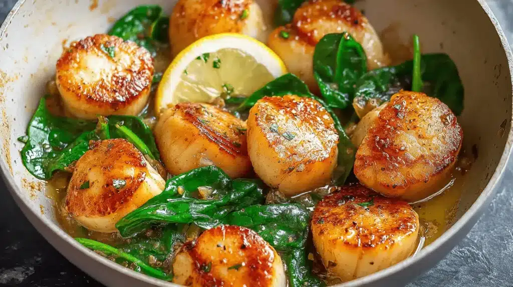 Close-up of golden pan-seared scallops with spinach and lemon, highlighting a delicious scallops recipe.