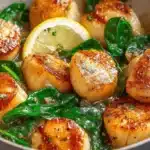 Close-up of golden pan-seared scallops with spinach and lemon, highlighting a delicious scallops recipe.