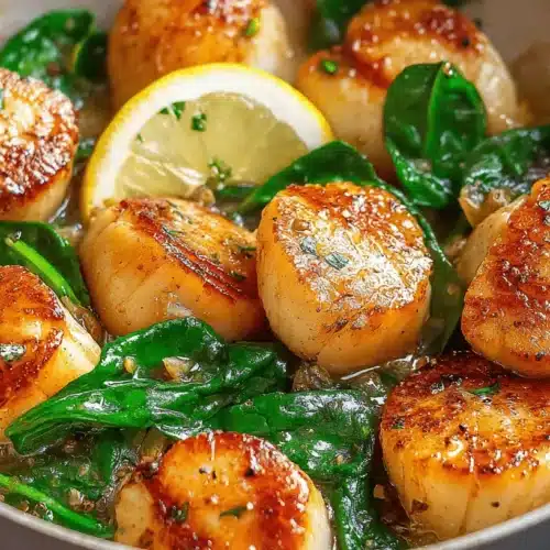 Perfect Pan-Seared Scallops Recipe 2 Close-up of golden pan-seared scallops with spinach and lemon, highlighting a delicious scallops recipe.