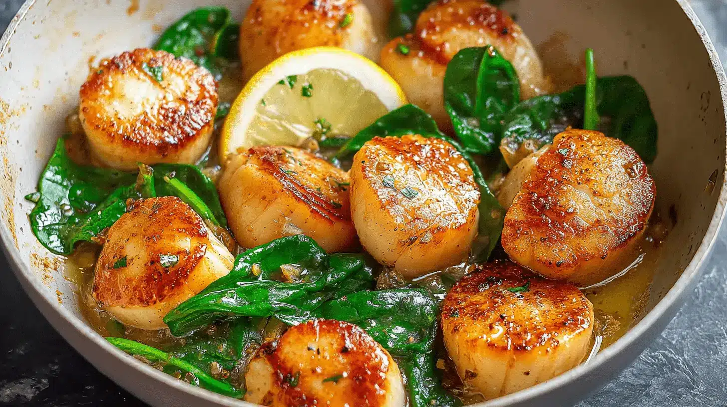Perfect Pan-Seared Scallops Recipe 1 Close-up of golden pan-seared scallops with spinach and lemon, highlighting a delicious scallops recipe.