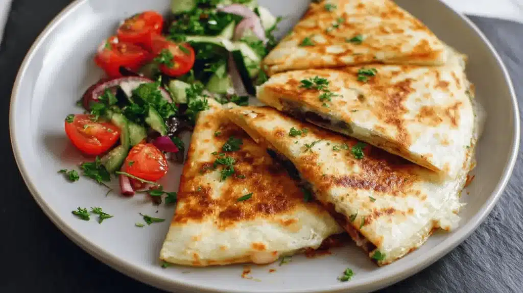 Close-up of golden-brown Mediterranean Quesadillas served with a fresh side salad on a grey plate.