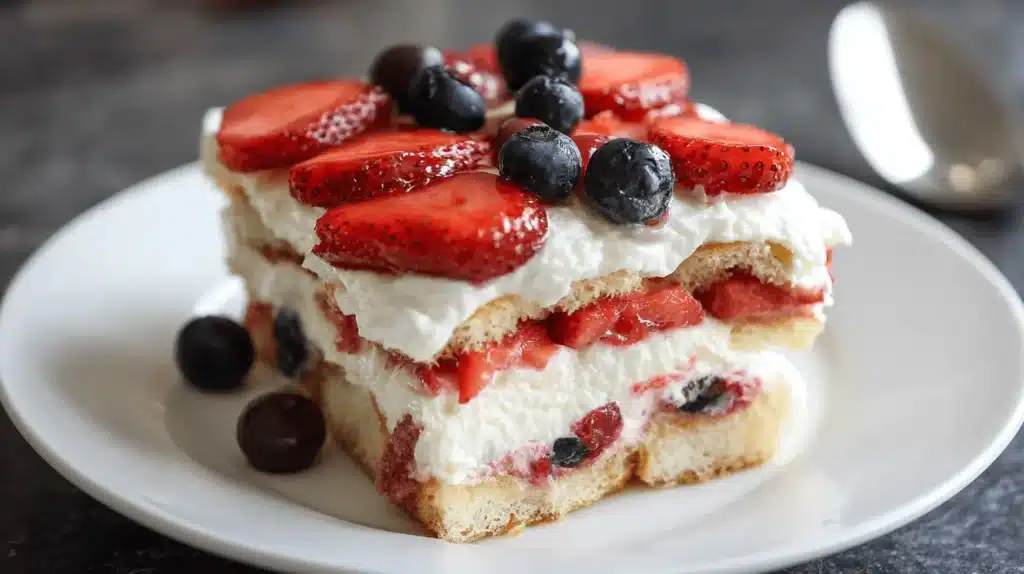 Close-up of a beautifully layered strawberry tiramisu recipe with fresh strawberries, blueberries, and creamy mascarpone.