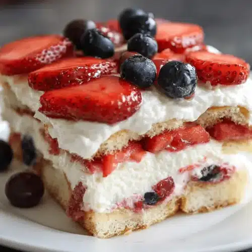 Delightful No-Bake Strawberry Tiramisu Recipe 2 Close-up of a beautifully layered strawberry tiramisu recipe with fresh strawberries, blueberries, and creamy mascarpone.