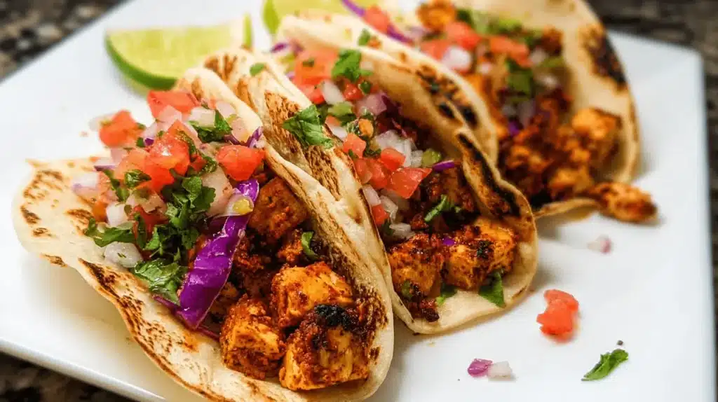 Close-up of vibrant tofu tacos with fresh pico de gallo and purple cabbage on a white plate.