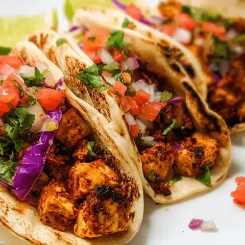 Close-up of vibrant tofu tacos with fresh pico de gallo and purple cabbage on a white plate.