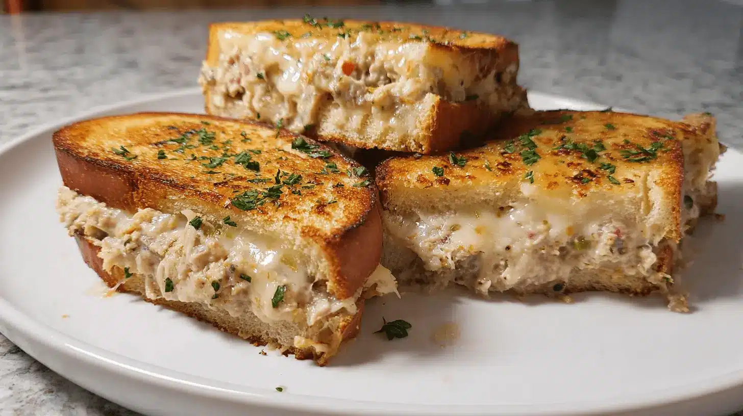 Classic Tuna Melt Recipe 1 Three golden-brown grilled tuna melt sandwiches with gooey cheese and fresh herbs on a white plate, showcasing a delicious tuna melt recipe.