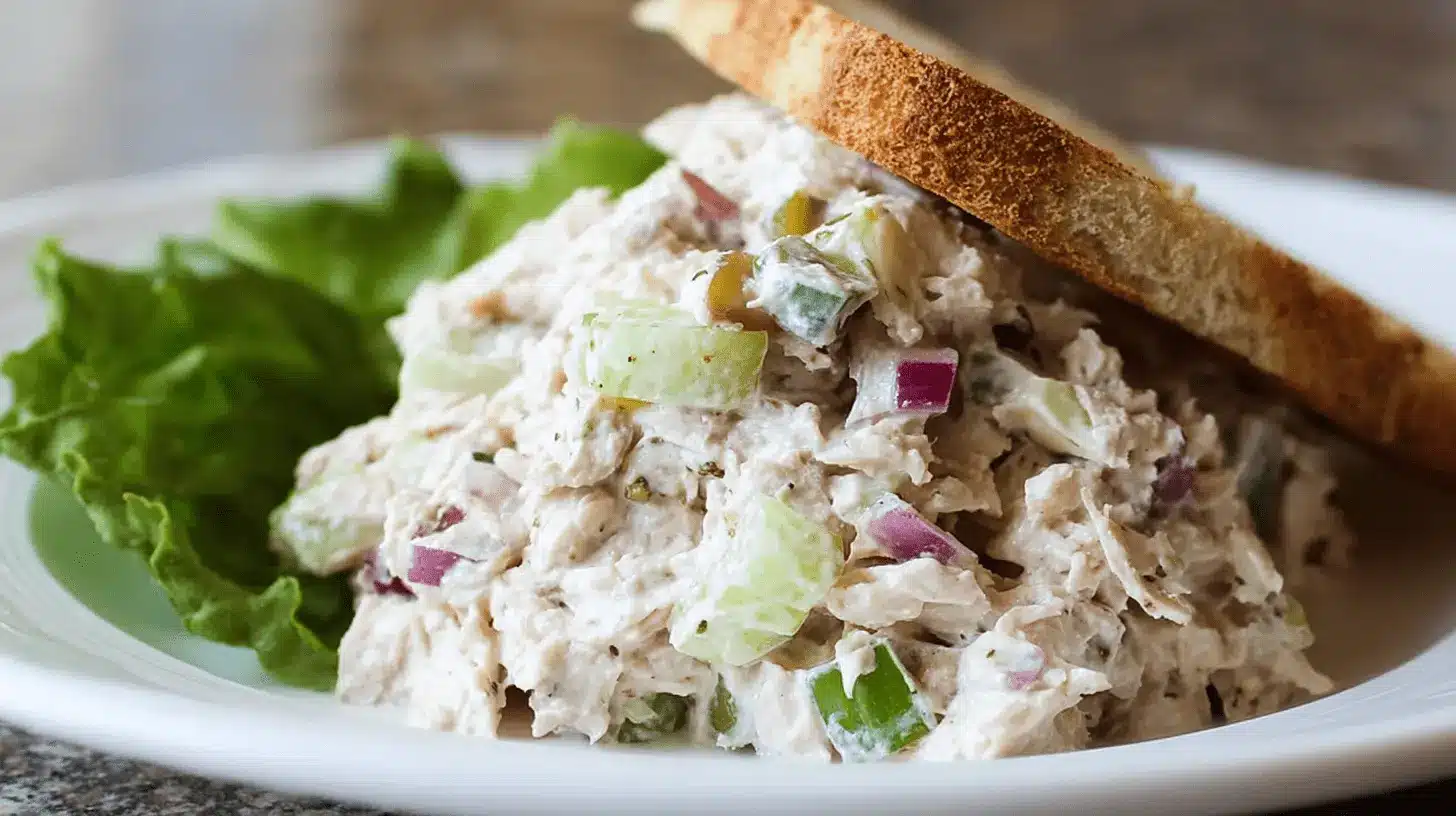 Classic Tuna Salad Recipe 1 Appetizing creamy tuna salad recipe served with crisp toast and fresh lettuce on a white plate.
